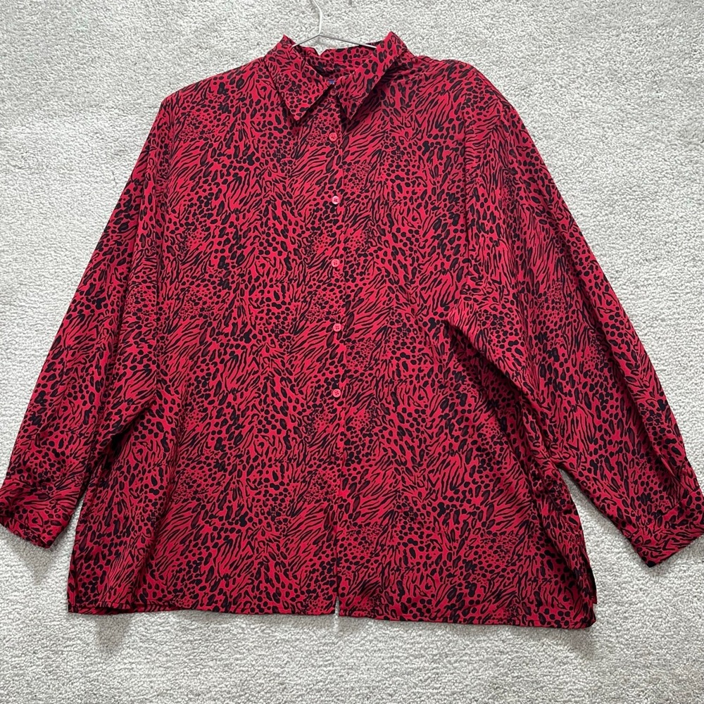 Karen Scott II Shirt Top Womens 2X Pink Black Print Button Up Collared Polyester